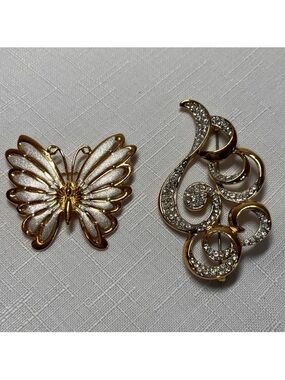 New Fifth Avenue Gold & Silver tone Butterfly & Austrian Crystal Swirl Brooches